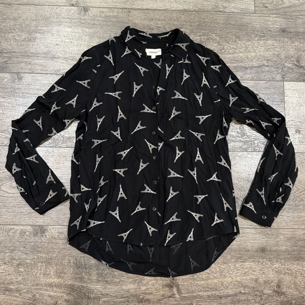 L'AGENCE Eiffel Tower AOP Print Blouse Women's S Black Paris Button Down Shirt